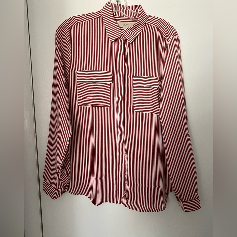 Flowy button down, very versatile stripe.  No flaws.